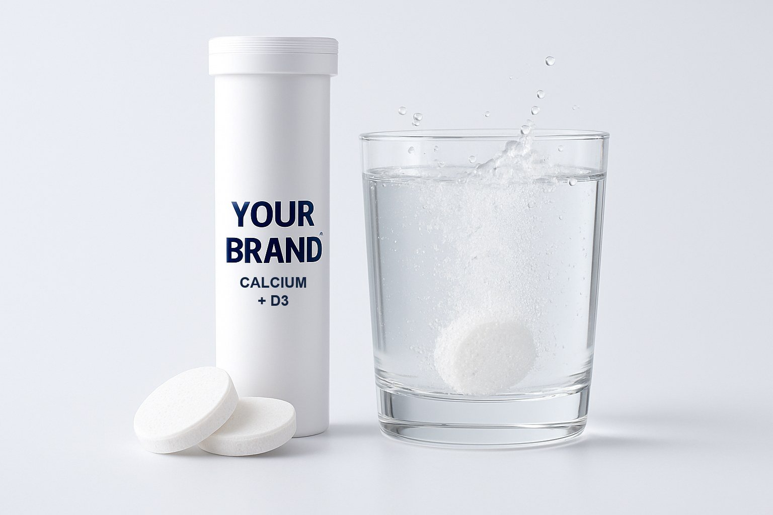 A white effervescent tablet tube labelled YOUR BRAND, two white tablets and a glass of fizzing water on a pearl-white background