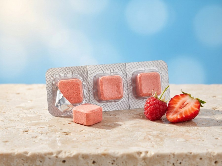 Pink drink cubes, each sealed in its own blister pocket, beside fresh strawberries