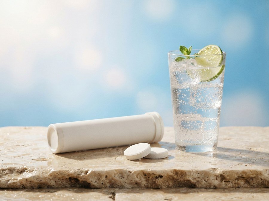 Effervescent tablet tube beside a glass of sparkling water with lime