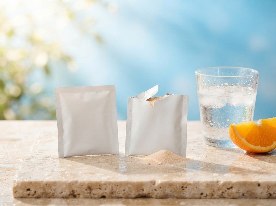 Two blank powder sachets beside a glass of water with orange slices