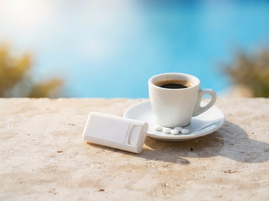 Pocket sweetener dispenser and small tablets beside a cup of coffee