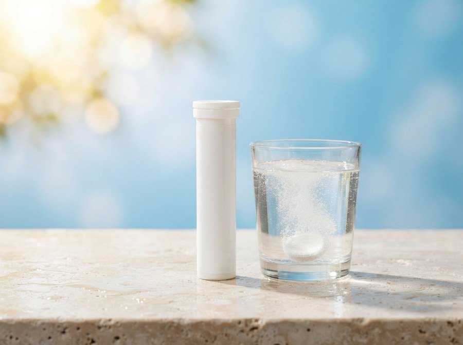 White effervescent tablet tube beside a glass of water with a dissolving tablet