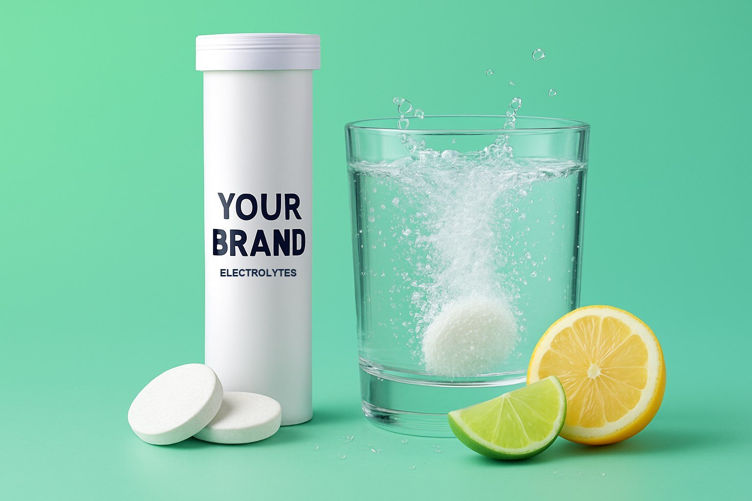 A white effervescent tablet tube labelled YOUR BRAND, two white tablets and a glass of fizzing water with lemon and lime slices on a lime-green background