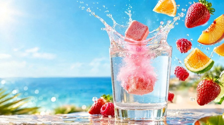 Pink drink cube splashing into a glass of water, with strawberries and orange slices