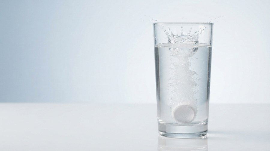 White effervescent tablet dissolving in a glass of water on a white bench