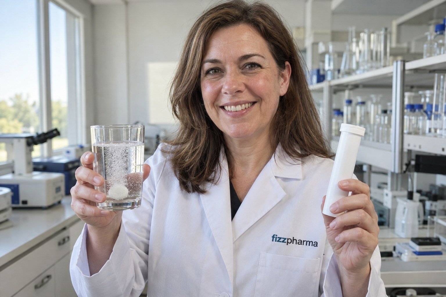 أخصائي تقنية أغذية بمعطف مختبر من FIZZPHARMA يحمل أنبوب أقراص وكوب ماء فوار