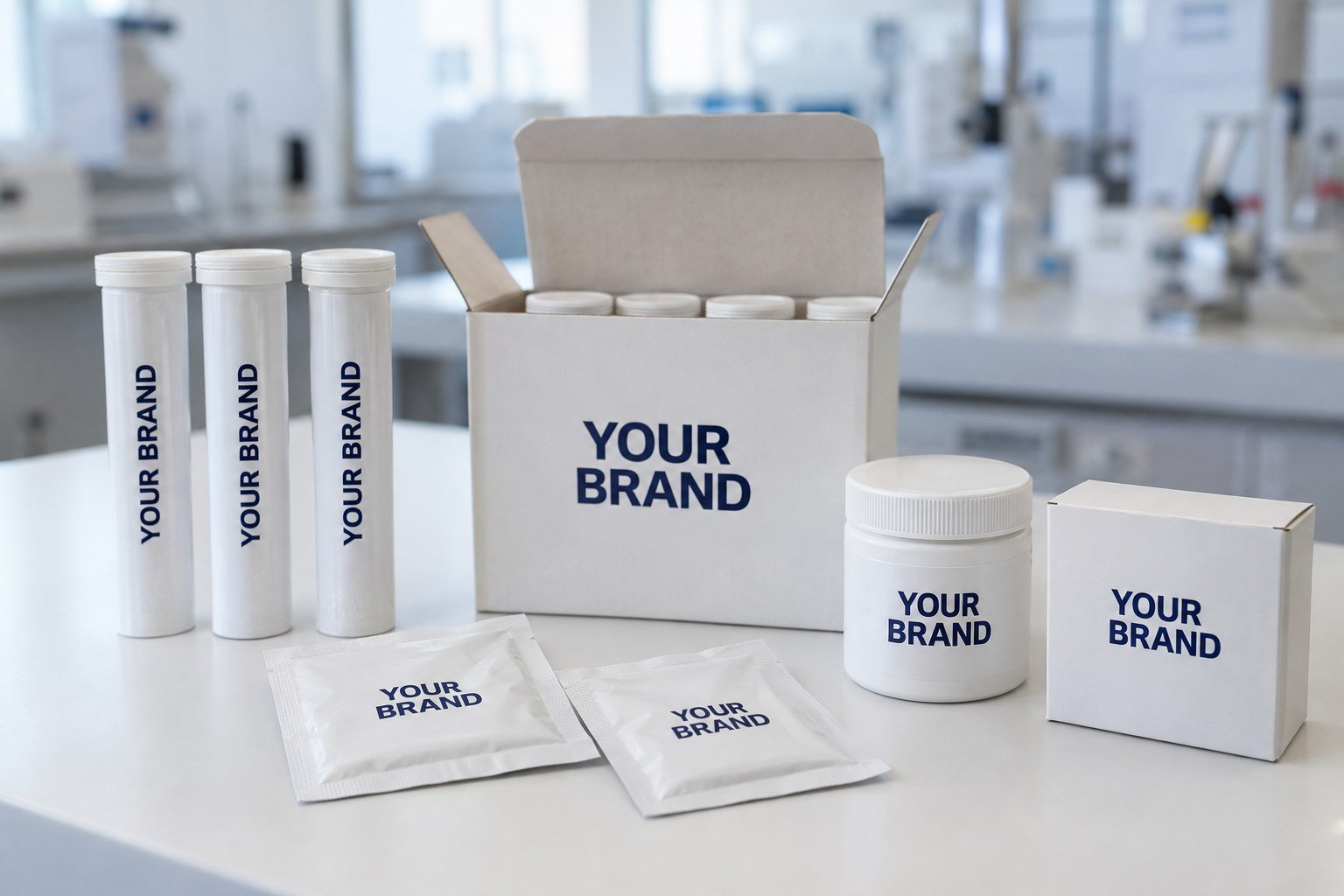 A small first batch for a new brand: three effervescent tablet tubes, an open carton of tubes, two sachets, a powder jar and a box of drink cubes, all printed with YOUR BRAND