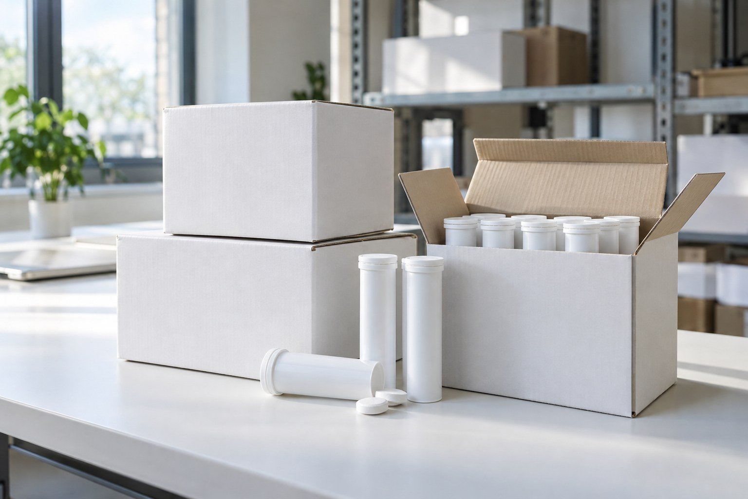 Kleiner Stapel weißer Versandkartons mit Röhrchen mit Brausetabletten