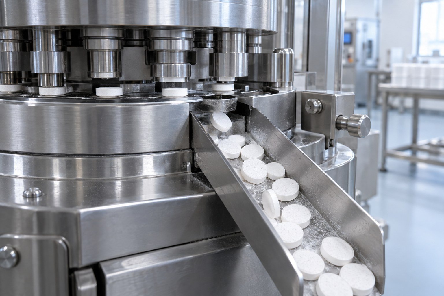 Stainless steel tablet press with freshly pressed white effervescent tablets