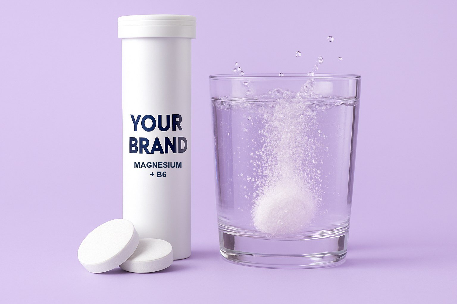 A white effervescent tablet tube labelled YOUR BRAND, two white tablets and a glass of fizzing water on a lavender background