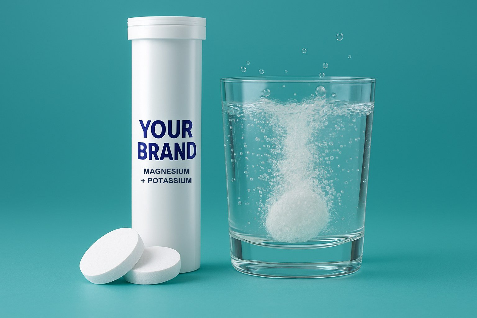 A white effervescent tablet tube labelled YOUR BRAND, two white tablets and a glass of fizzing water on a blue-teal background
