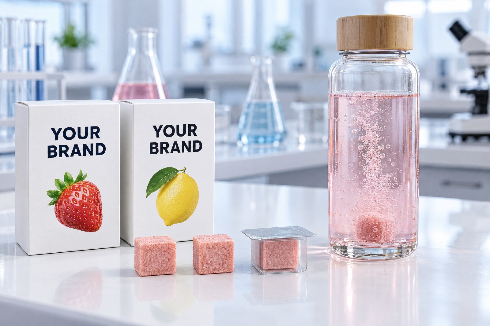 Boxes printed with YOUR BRAND, identical drink cubes, one in its own blister, and a clear water bottle with a dissolving cube