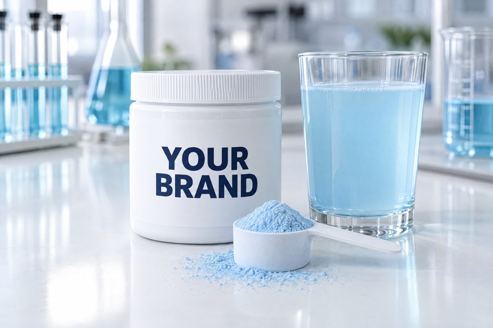 Tablet tube printed with YOUR BRAND, blue powder, a lime and a clear water bottle with a fizzing tablet