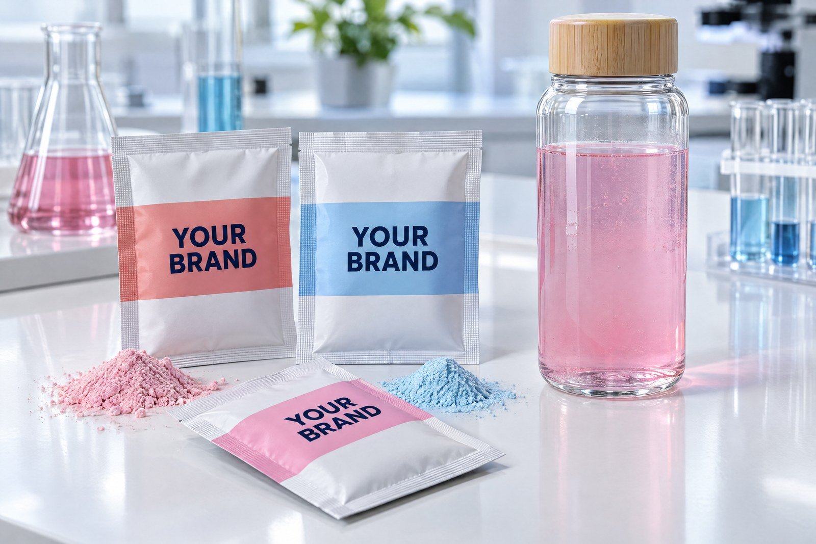Powder sachets printed with YOUR BRAND beside pink and blue powder and a clear water bottle