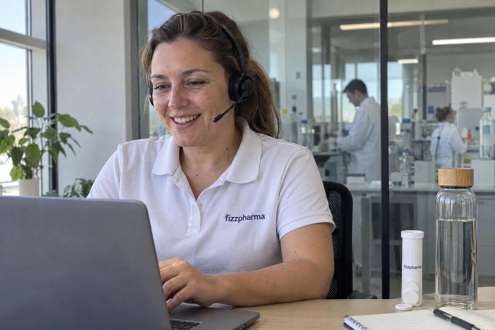 FIZZPHARMA customer support specialist at a desk next to the laboratory