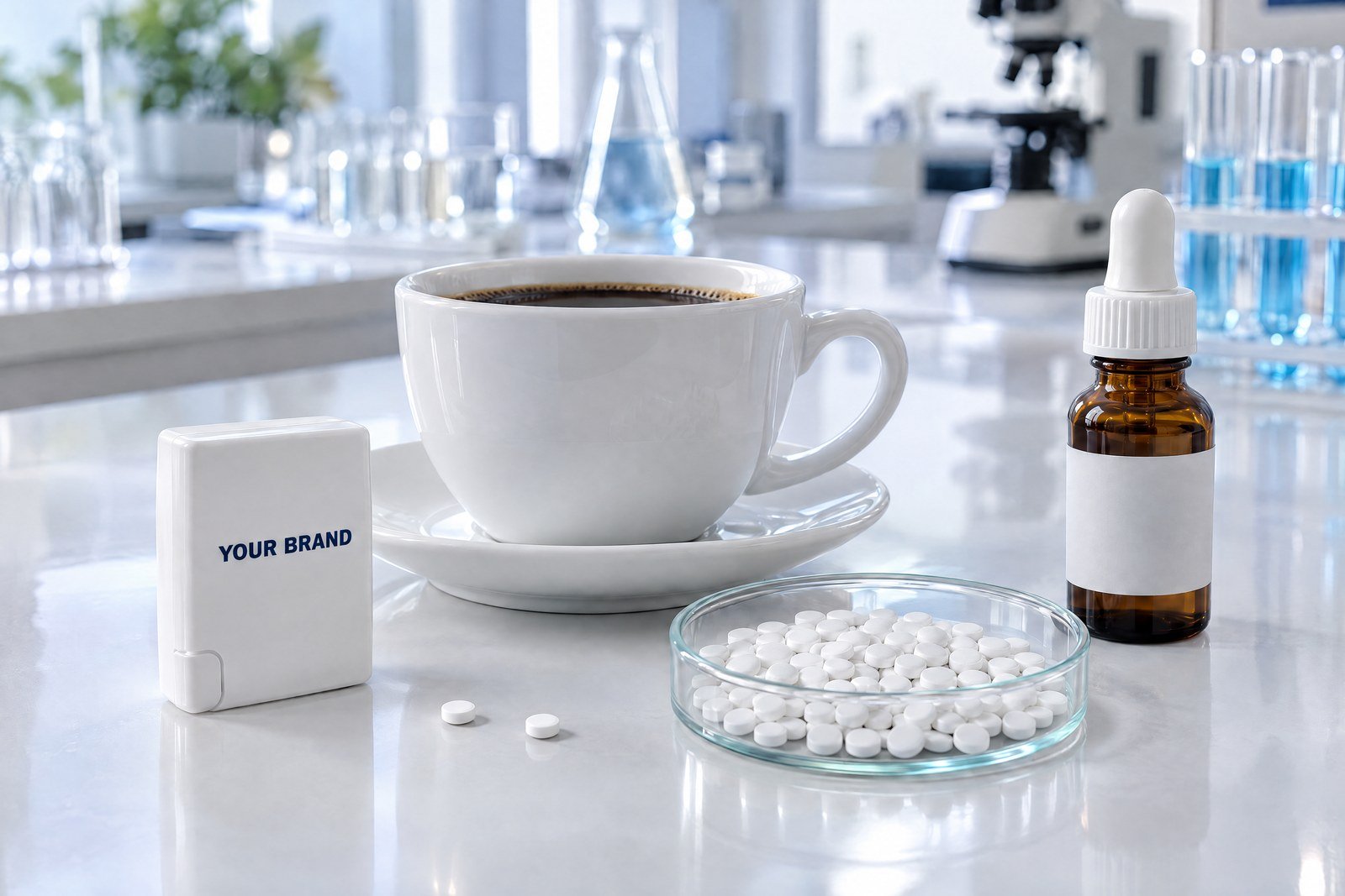 Cup of coffee, a pocket dispenser printed with YOUR BRAND, mini sweetener tablets, cubes and an amber dropper bottle