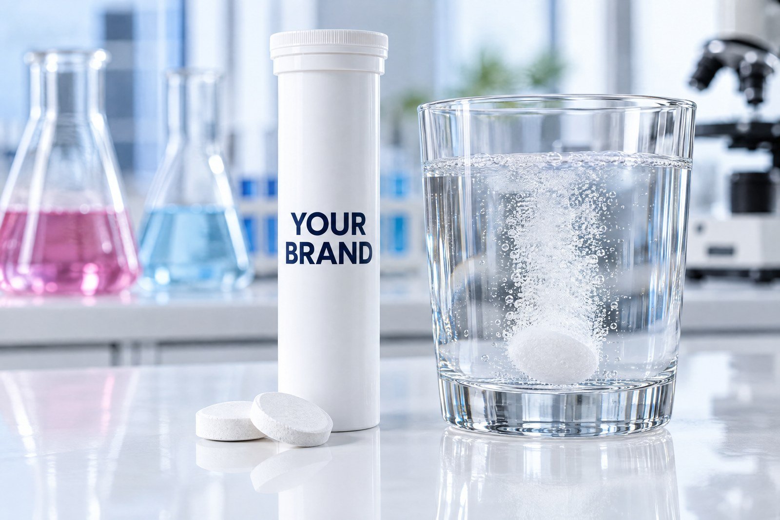 Effervescent tablet tubes printed with YOUR BRAND and a clear water bottle with a dissolving tablet