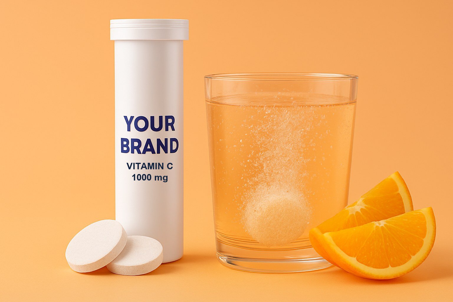 A white effervescent tablet tube labelled YOUR BRAND, two white tablets and a glass of fizzing water with orange slices on a soft orange background