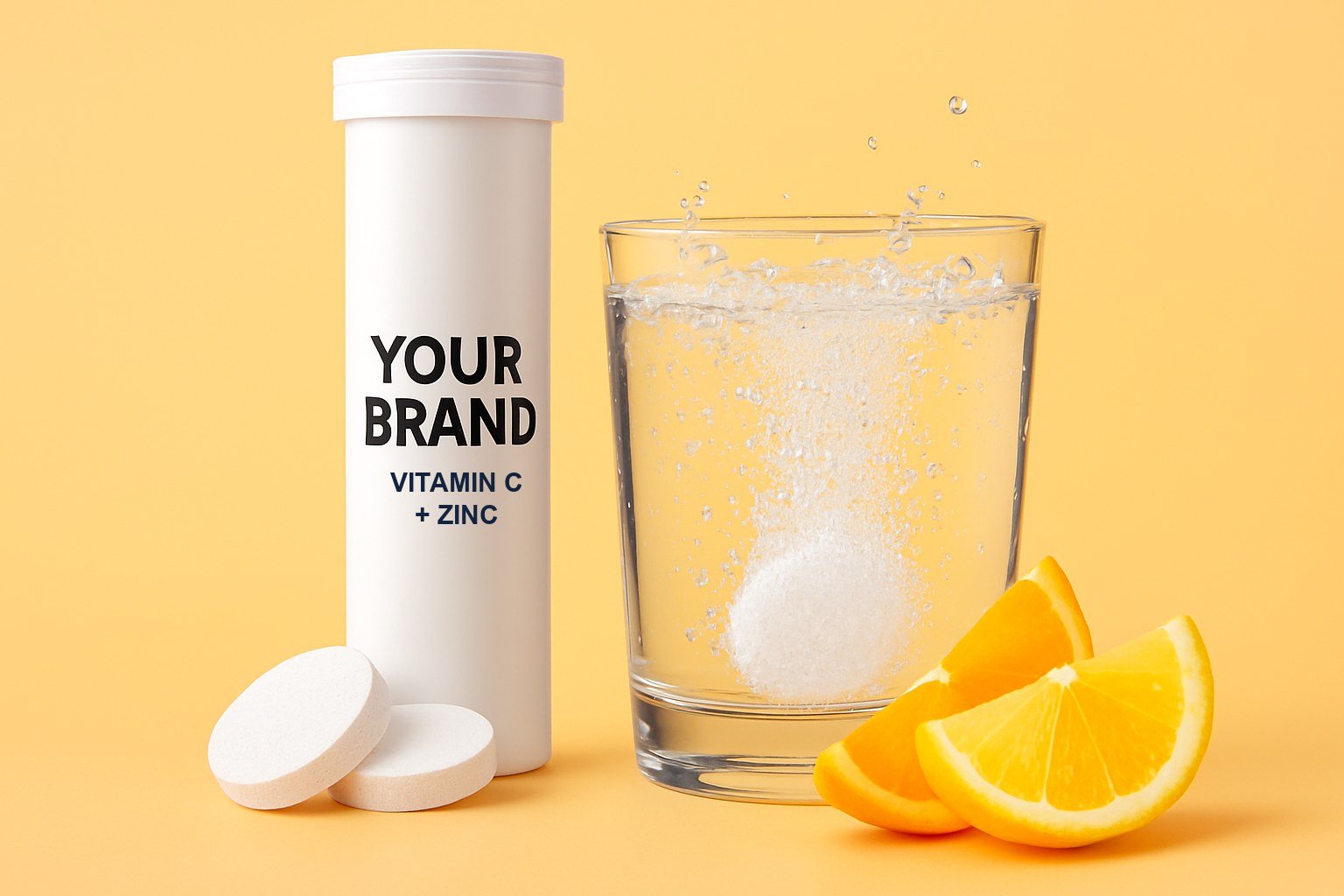 A white effervescent tablet tube labelled YOUR BRAND, two white tablets and a glass of fizzing water with orange and lemon slices on a lemon-orange background