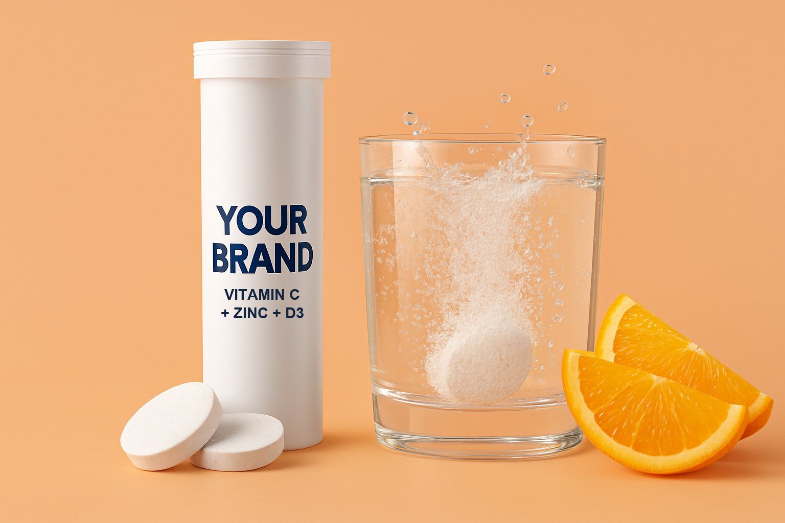 A white effervescent tablet tube labelled YOUR BRAND, two white tablets and a glass of fizzing water with orange slices on an apricot background