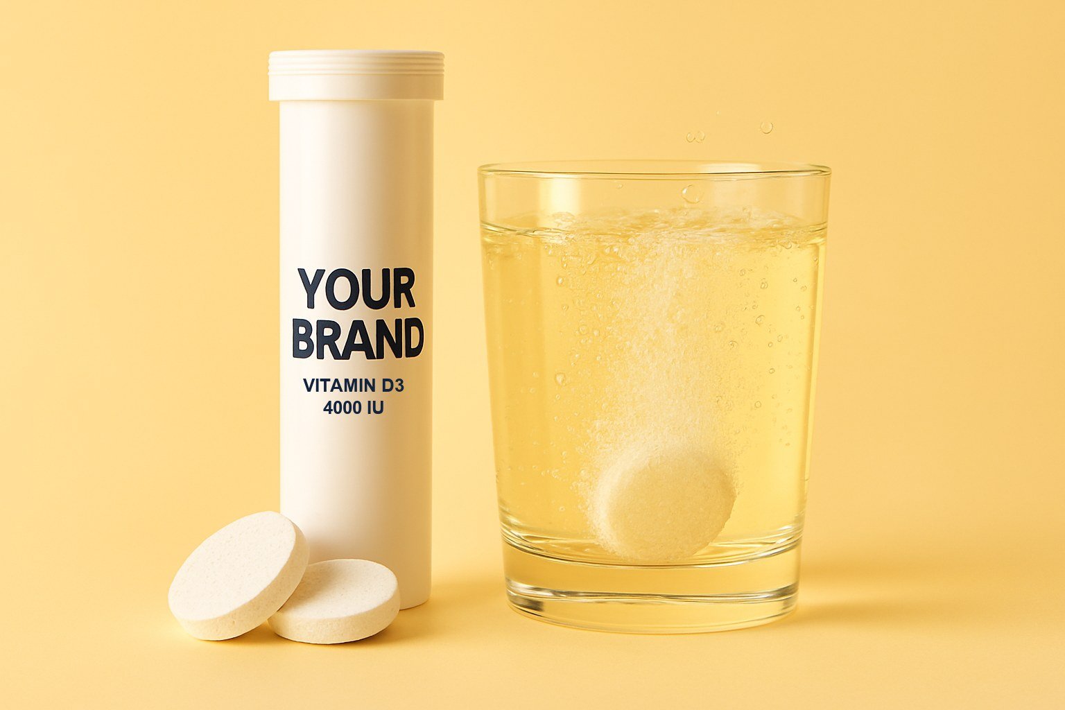 A white effervescent tablet tube labelled YOUR BRAND, two white tablets and a glass of fizzing water on a pale yellow background in warm light