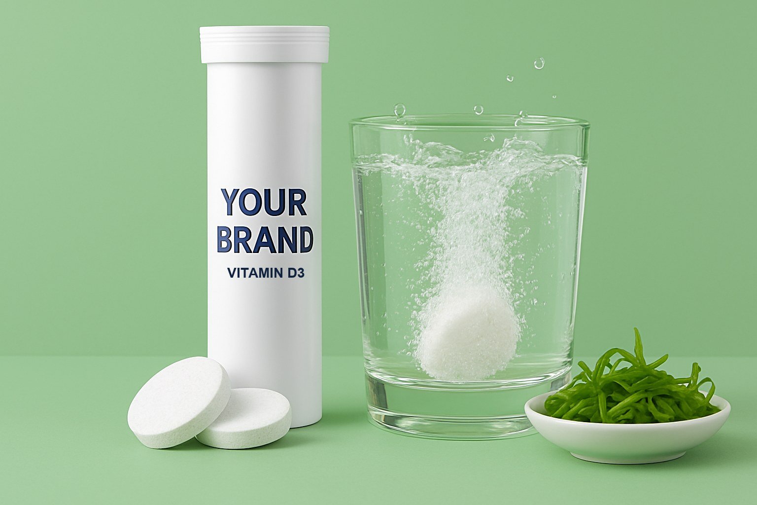 A white effervescent tablet tube labelled YOUR BRAND, two white tablets and a glass of fizzing water with a dish of green seaweed on a sea-green background