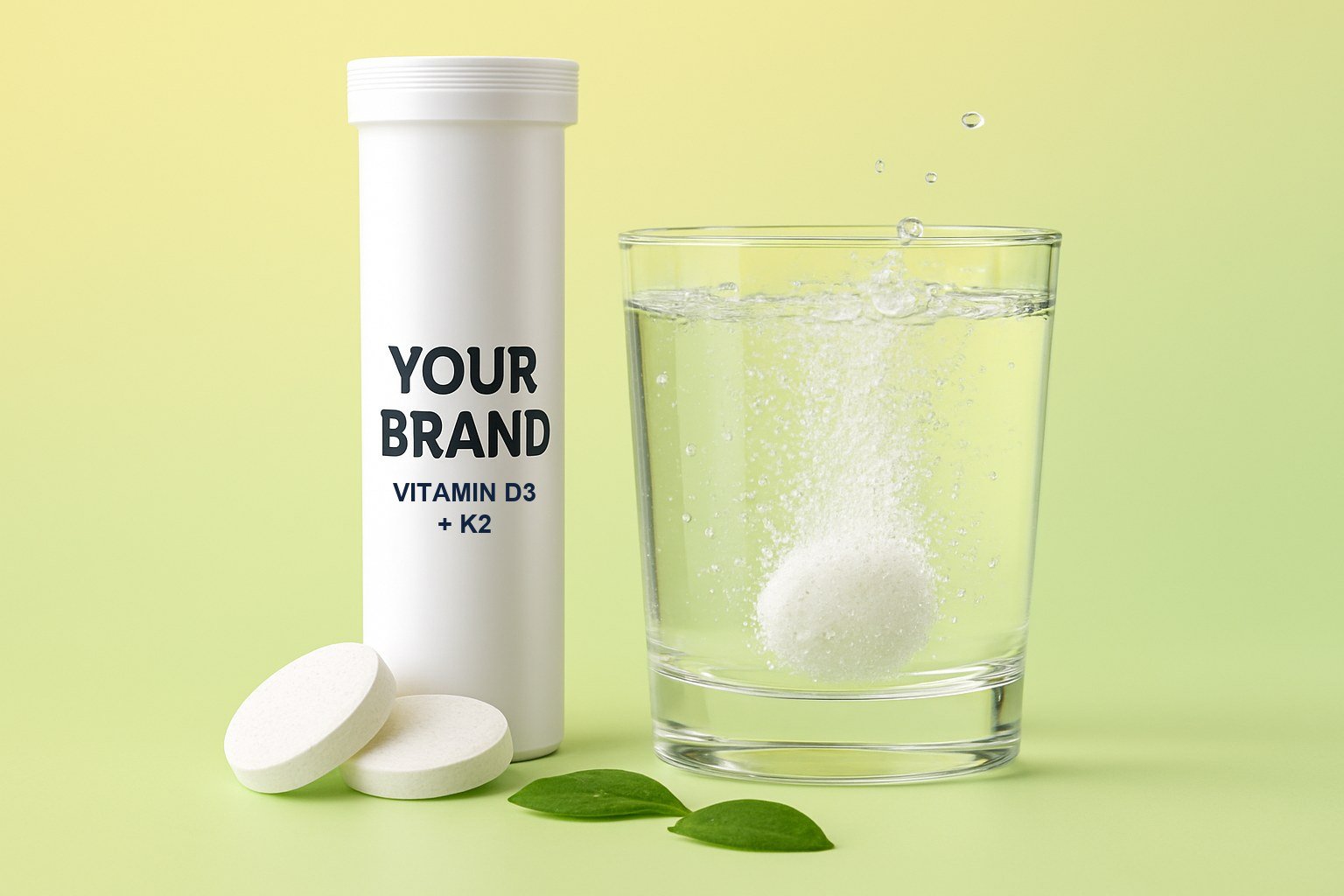 A white effervescent tablet tube labelled YOUR BRAND, two white tablets and a glass of fizzing water with green leaves on a yellow-green background